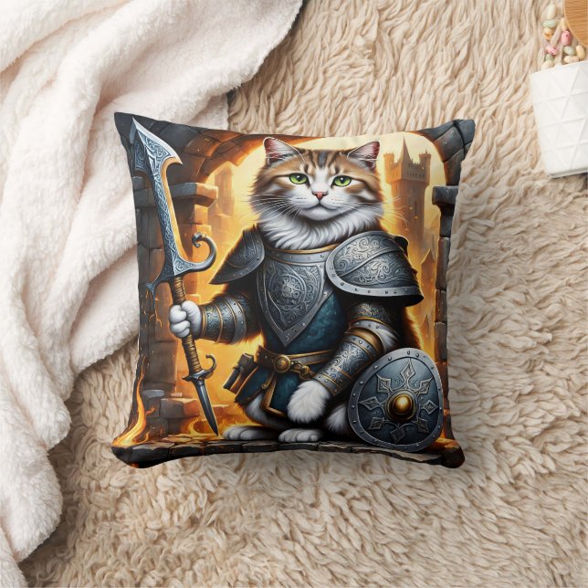 Noble Cat in Armor Holding Sword and Shield Throw Pillow (Blanket)