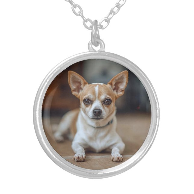 Noble Chihuahua Round Silver Plated Necklace (Front)