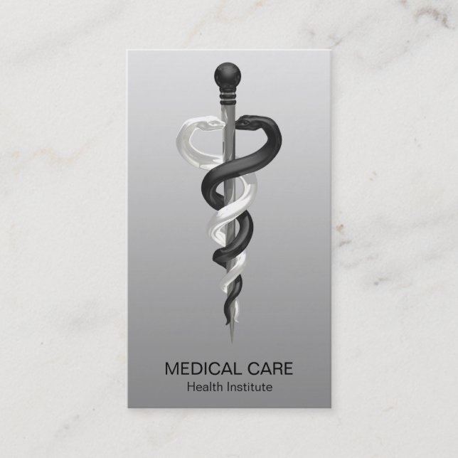 Noble Classy Medical Elegant Black White Asclepius Business Card (Front)