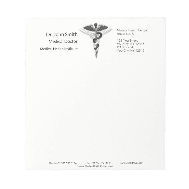 Noble Classy Medical Elegant Black White Caduceus Notepad (Front)