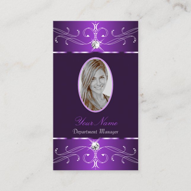 Noble Dark Purple Lilac Ornate Ornaments Add Photo Business Card (Front)