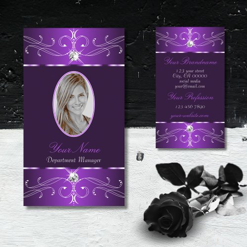 Noble Dark Purple Lilac Ornate Ornaments Add Photo Business Card