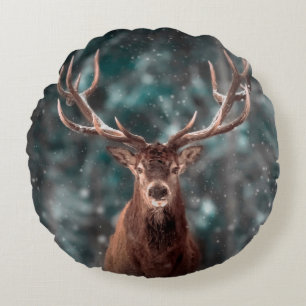 Noble deer male in winter snow forest. Artistic wi Round Pillow