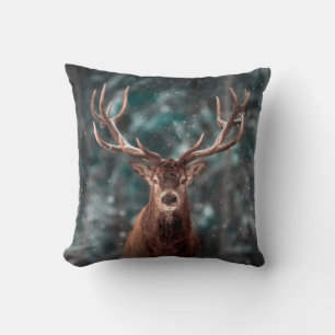 Noble deer male in winter snow forest. Artistic wi Throw Pillow