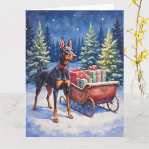 Noble Doberman Guarding Christmas Sleigh Winter Card