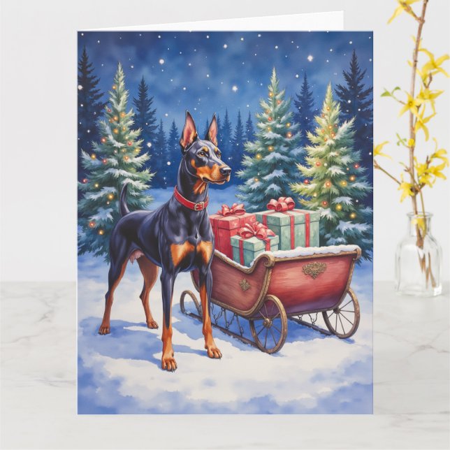 Noble Doberman Guarding Christmas Sleigh Winter Card (Yellow Flower)