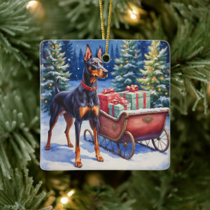 Noble Doberman Guarding Christmas Sleigh Winter Ceramic Ornament