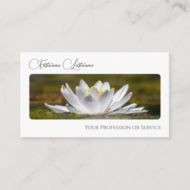 Noble florist white water lily calligraphy QR-Code Business Card (Front)