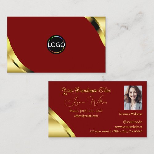 Noble Gold Corners on Dark Red with Logo and Photo Business Card
