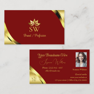 Noble Gold Corners on Red with Monogram Photo Business Card