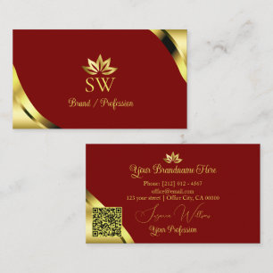 Noble Gold Corners on Red with Monogram QR Code Business Card