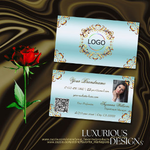 Noble Gold Decor Ice Blue Logo Photo and QR Code Business Card