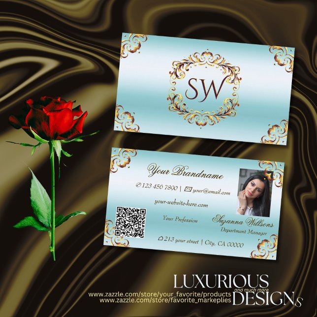 Noble Gold Decor Ice Blue Monogram Photo QR Code Business Card (Creator Uploaded)