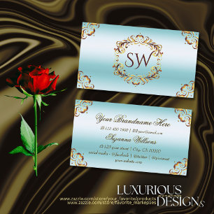 Noble Gold Decor Ice Blue with Monogram Impressive Business Card