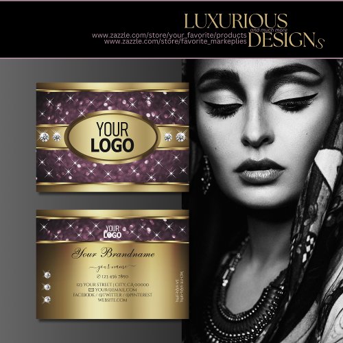 Noble Gold Purple Glitter Stars Diamonds add Logo Business Card