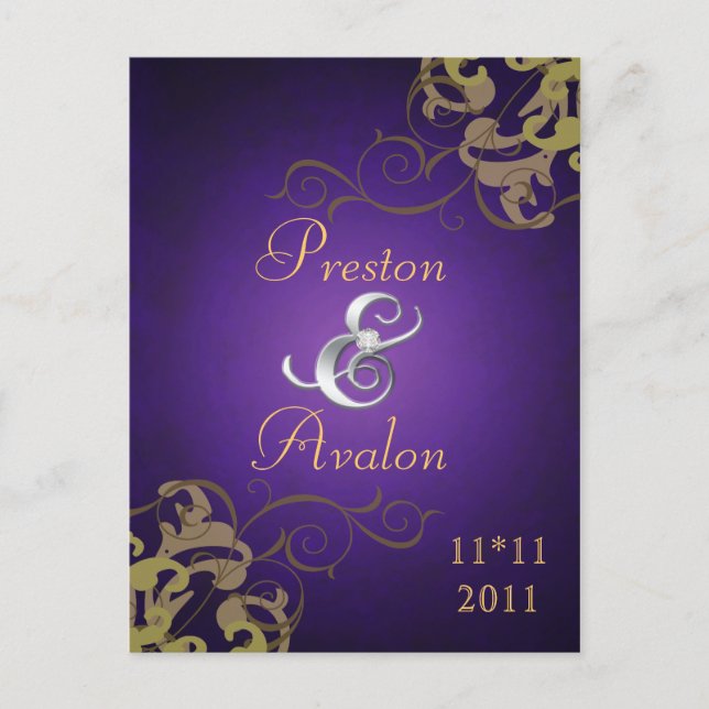 Noble Gold Scroll Purple Save The Date Postcard (Front)