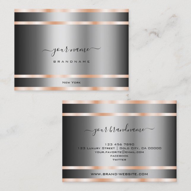 Noble Graphite Silver Shimmery Rose Golden Lines Business Card (Front/Back)
