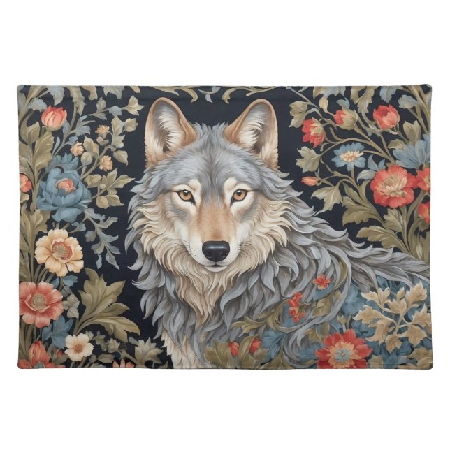 Noble Grey Wolf William Morris Inspired Cloth Placemat (Front)