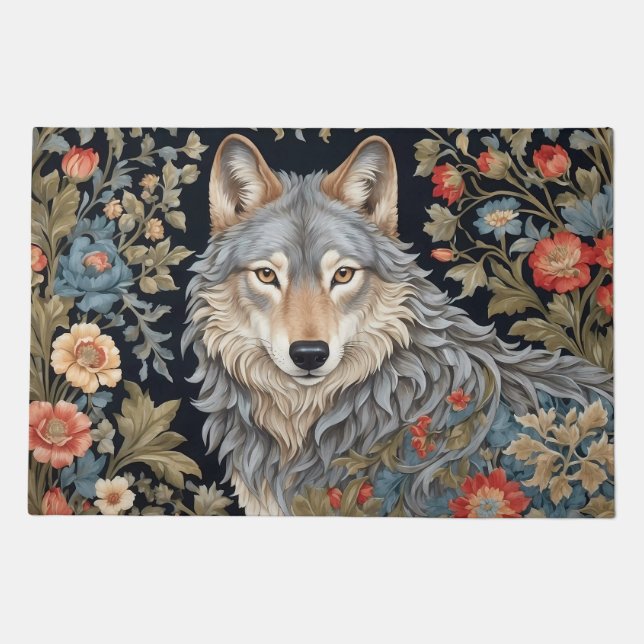 Noble Grey Wolf William Morris Inspired Doormat (Front)