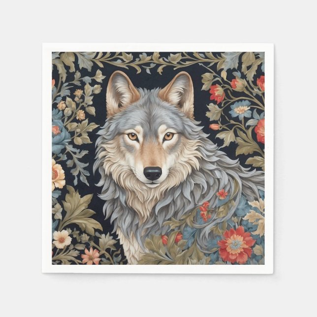 Noble Grey Wolf William Morris Inspired Napkins (Front)