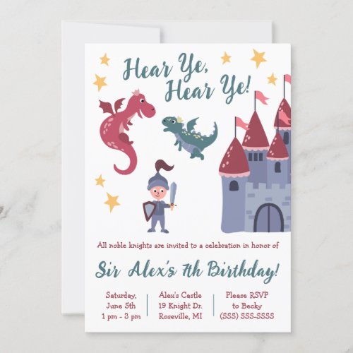 Noble Knight Dragon Castle Themed Birthday Party Invitation