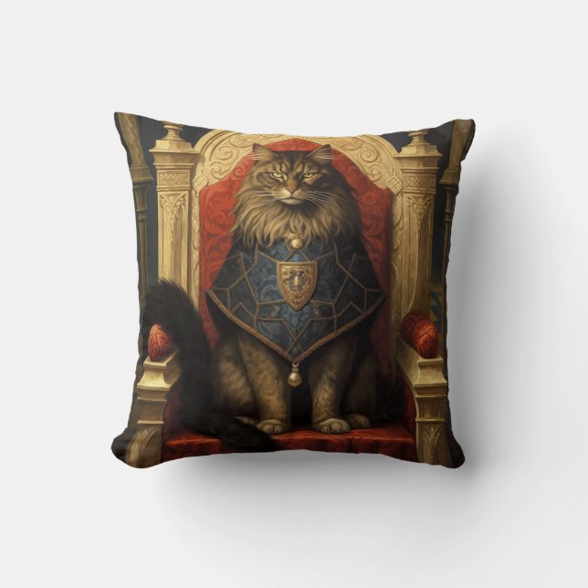 Noble Maine Coon Cat Throne Art Print Throw Pillow (Front)