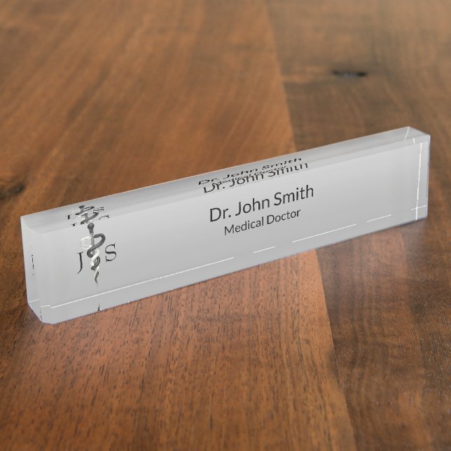 Noble Medical Elegant Black White Asclepius Classy Desk Name Plate (Side)