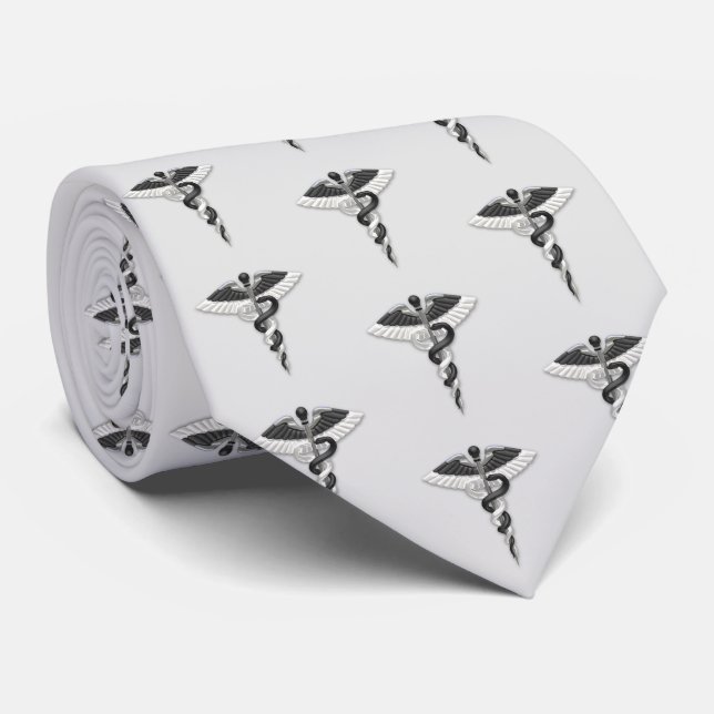 Noble Medical Elegant Black White Caduceus Pattern Neck Tie (Rolled)