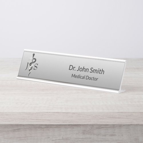 Noble Medical Elegant Classy Black White Asclepius Desk Name Plate