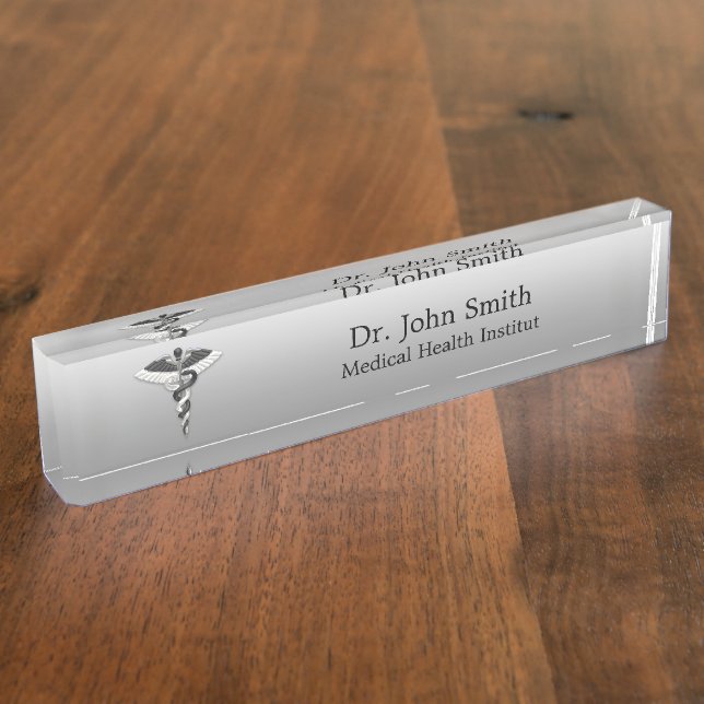 Noble Medical Elegant Classy Black White Caduceus Desk Name Plate (Side)