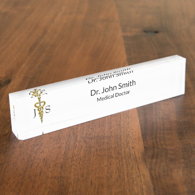 Noble Medical Elegant Gold Silver Asclepius Classy Desk Name Plate (Side)
