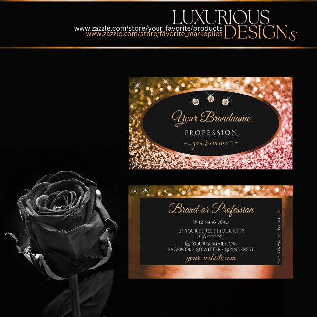 Noble Orange Pink Ombre Glitter Black and Diamonds Business Card (Creator Uploaded)