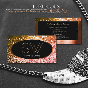 Noble Orange Pink Ombre Glitter Black and Monogram Business Card