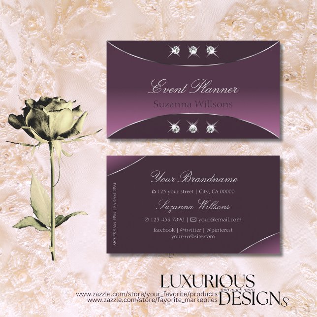 Noble Purple Silver Decor with Sparkle Diamonds Business Card (Creator Uploaded)