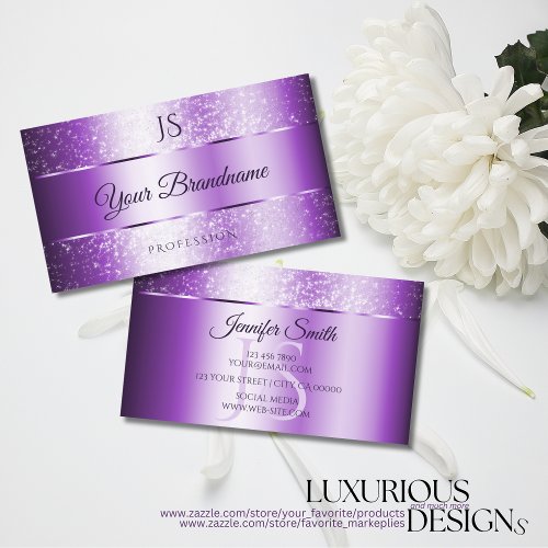 Noble Purple Sparkle Glitter Stars and Monogram Business Card