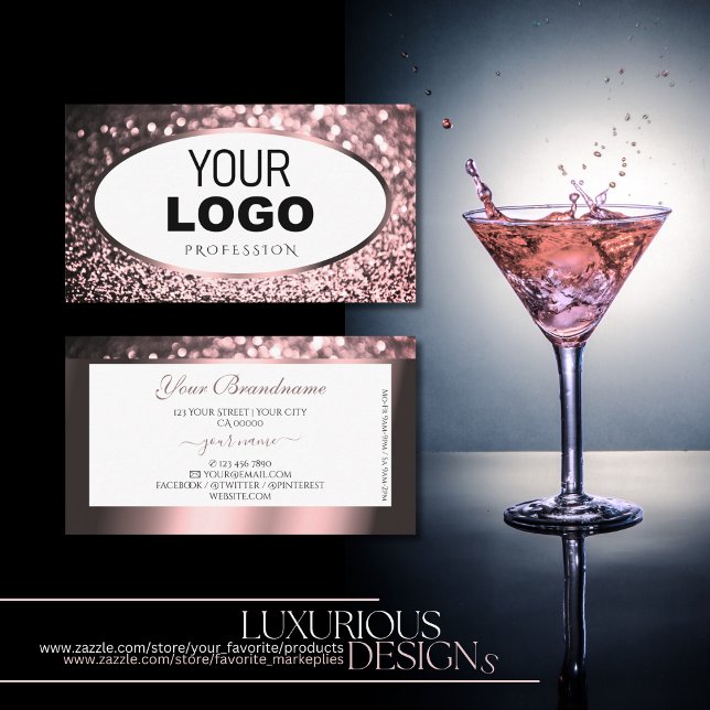 Noble Rose Gold and White Sparkle Glitter Add Logo Business Card (Creator Uploaded)