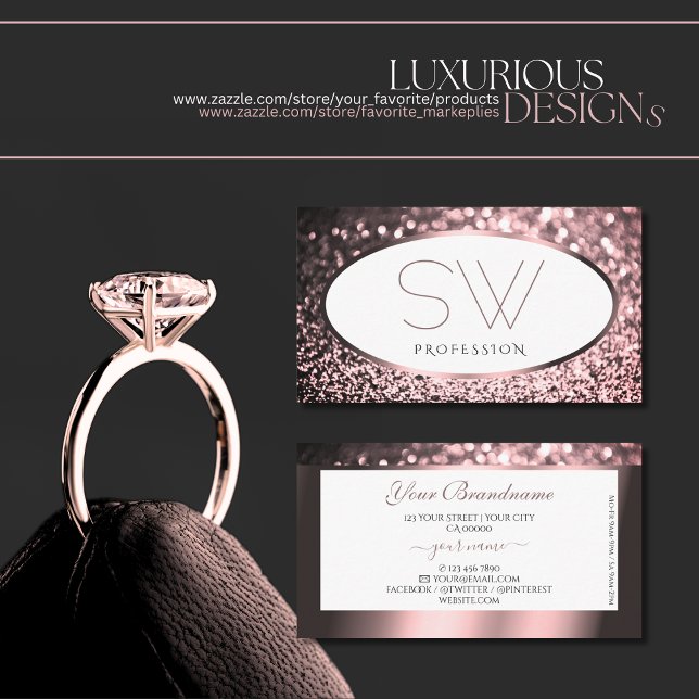 Noble Rose Gold and White Sparkle Glitter Monogram Business Card (Creator Uploaded)