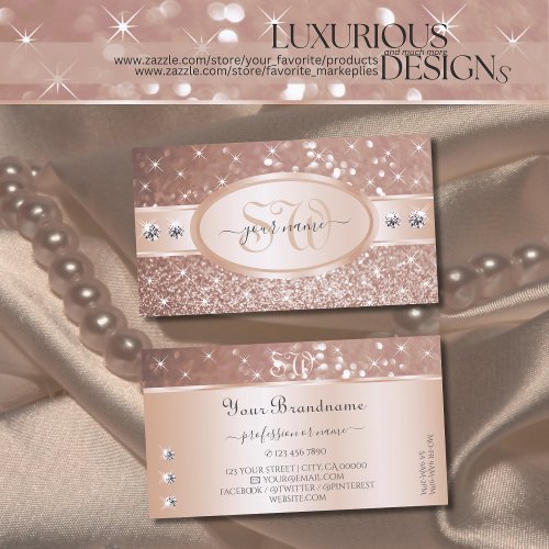 Noble Rose Golden Glitter Stars Diamonds Initials Business Card