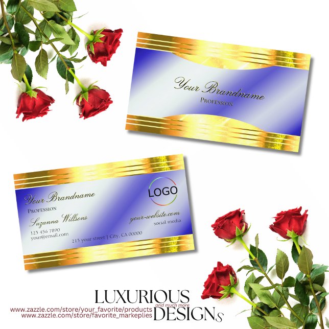 Noble Royal Blue Shiny Gold Borders with Logo Chic Business Card (Creator Uploaded)