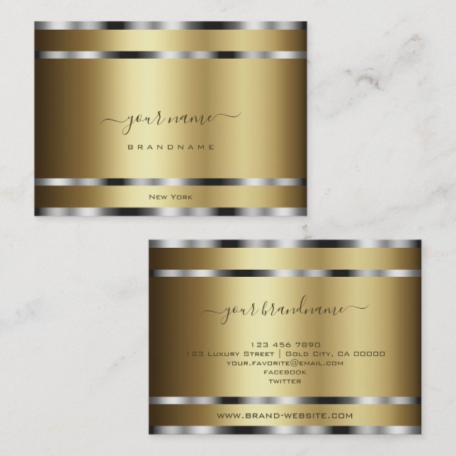 Noble Shimmering Dark Golden and Silver Stripes Business Card (Front/Back)