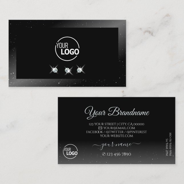 Noble Shimmery Black Sparkling Diamonds with Logo Business Card (Front/Back)