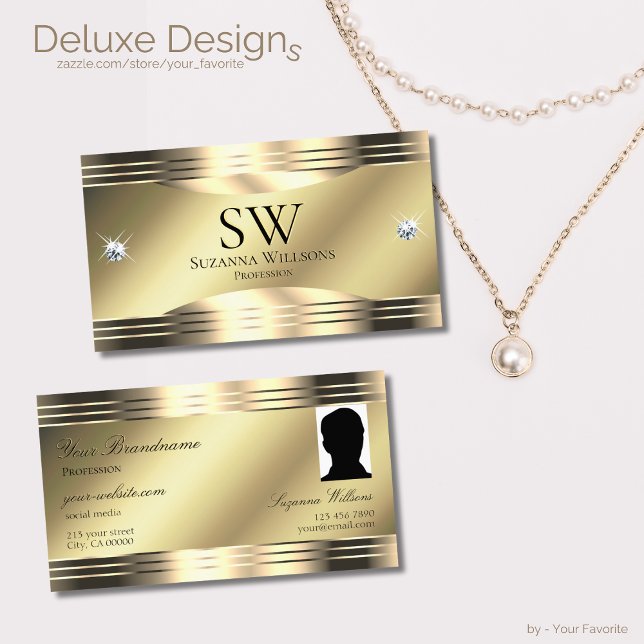 Noble Shimmery Gold Shiny Diamonds Monogram Photo Business Card (Creator Uploaded)