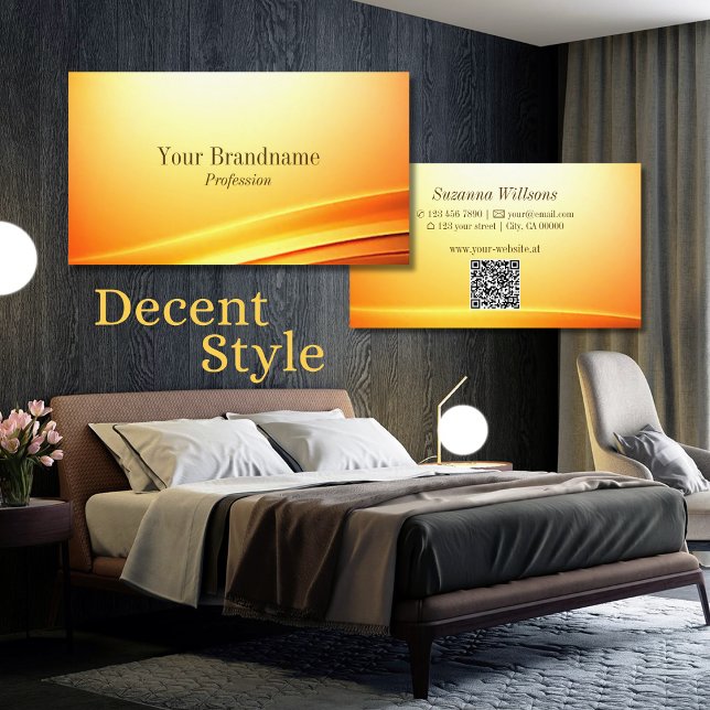 Noble Shimmery Orange Curved Decor with QR Code Business Card (Creator Uploaded)