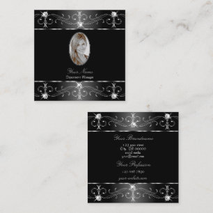 Noble Silver Black White Ornate Ornaments Photo Square Business Card