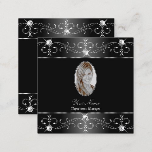 Noble Silver Black White Ornate Ornaments Photo Square Business Card