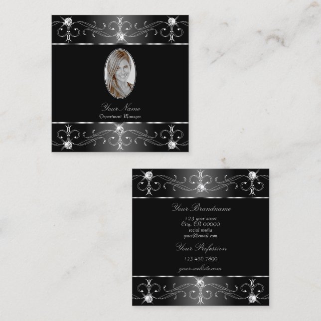 Noble Silver Black White Ornate Ornaments Photo Square Business Card (Front/Back)