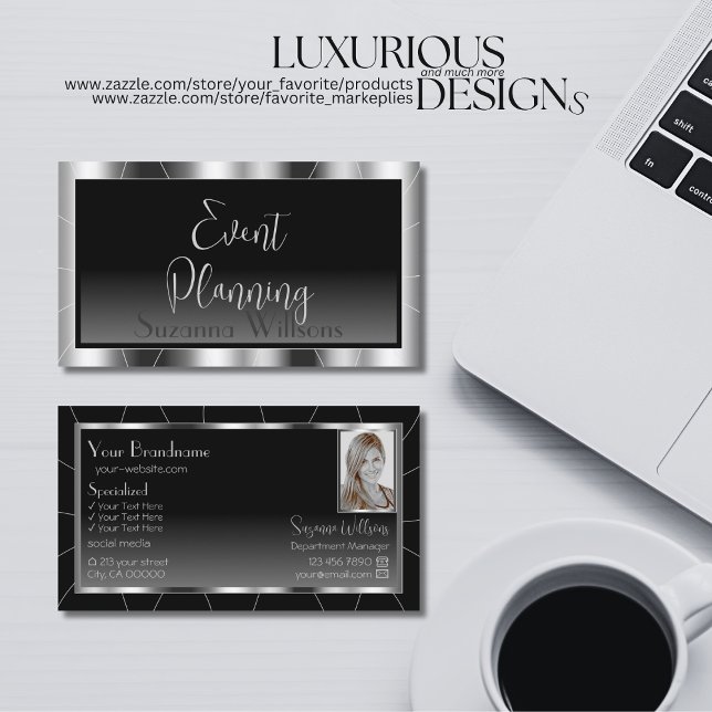 Noble Silver Frame Black Gradient Chic with Photo Business Card (Creator Uploaded)