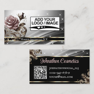 Noble Silver Pink Rose Glitter Stars QR Code Logo Business Card