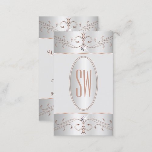 Noble Silver Rose Gold Ornate Ornaments Monogram Business Card