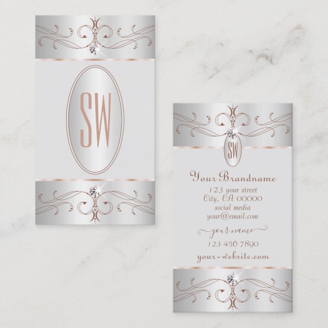 Noble Silver Rose Gold Ornate Ornaments Monogram Business Card (Front/Back)